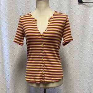Maeve size medium Striped‎ Button-Up v neck Women’s Top coral maroon yellow